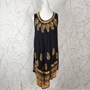 Asha Black Gold Paisley Tie Dye Round Neck Flowy Swing Dress